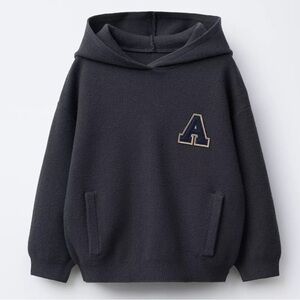 Zara Knit Dark Gray Kids Hoodie with Letter Patch